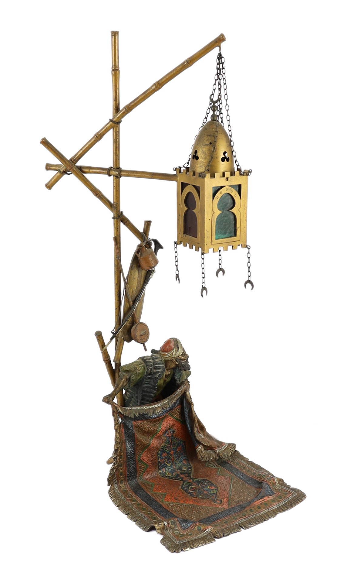 Franz Bergman (Austrian, 1861-1936). A cold painted bronze table lamp 'The Carpet Seller', 51cm high